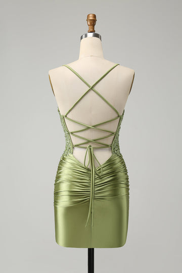 Sparkly Light Green Tight Spaghetti Straps Homecoming Dress with Appliques